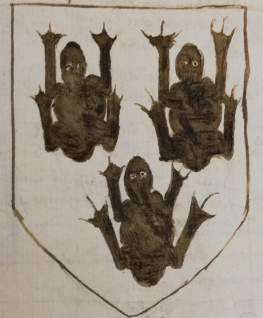 3 frogs on a shield